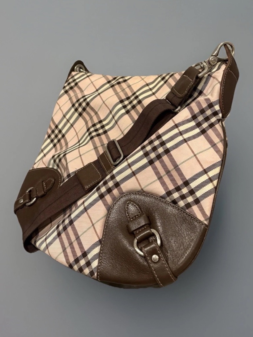 Vintage Burberry Blue Label Pink Nova Check Canvas Brown Leather Crossbody Bag - Picture 6 of 16